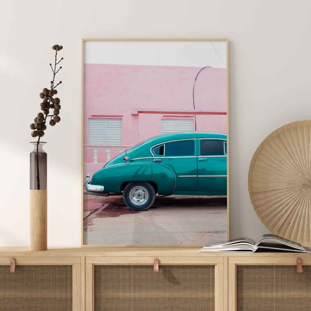 Bildverkstad Blue Car At Pink Wall Poster